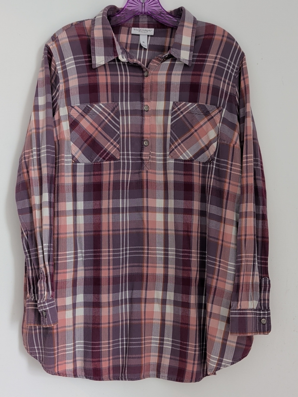 Liz Lange Maternity Purple Plaid Long Sleeve Collared Shirt Size XL